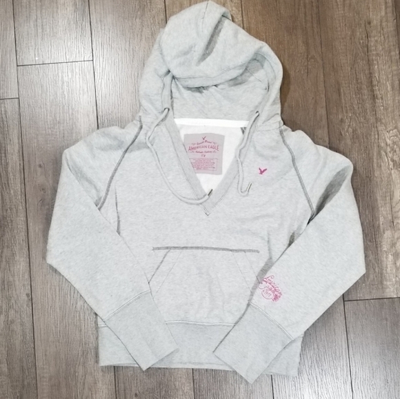 American Eagle Ladies Hoodie Size L Grey V-Neck Embroidered Spell-out - Picture 2 of 4